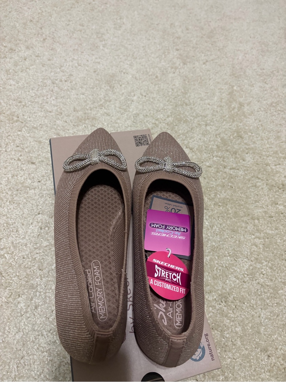 Skechers Women's Taupe Stretch Memory Foam Pointed Ballet Flats with Crystal Bow